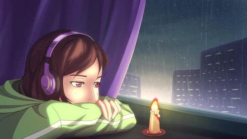 Lo-fi Anime Girl Watching the Rain Fall at Night.