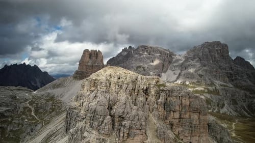 Aerial video of The Tre Cime di Lavaredo, the beautiful views in the Dolomites, Italy