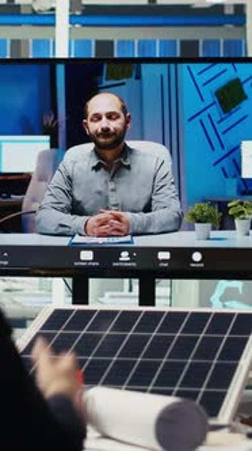 Vertical Video Photovoltaics Plant Researchers Doing Videocall to Optimize Energy Production