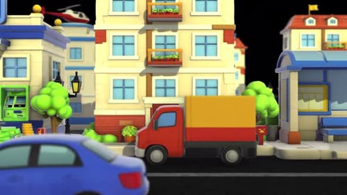 Edificios y automóviles Calle pequeña de la ciudad en Alpha Channel