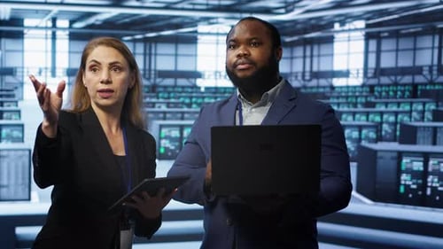 Colleagues Brainstorming in Server Hub Ensuring Optimal Performance