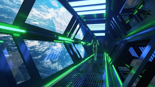 An Alien in a Neon Suit Walks Through a Spaceship Tunnel Earth Orbit Green Blue Neon Lighting Space
