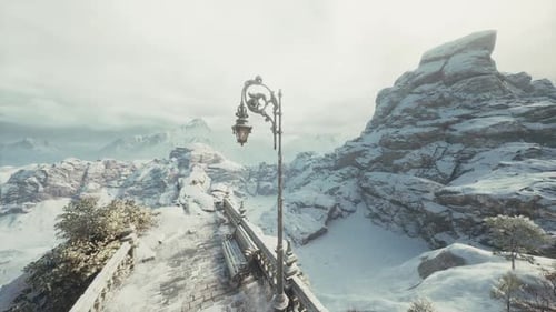 Snow Covered Mountain Landscape with Vintage Lamp Post and Rocky Terrain
