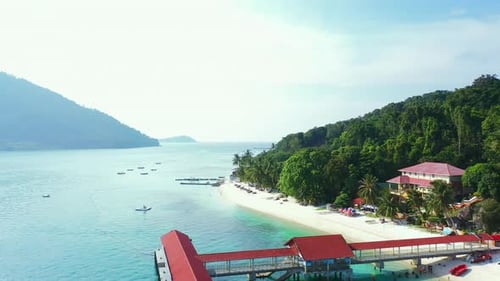 Sea, island and drone of boat, holiday and coast for travel and vacation with blue water in nature
