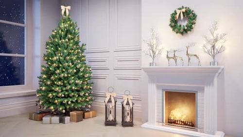Cozy Christmas Atmosphere With Decorations And A Warm Fireplace