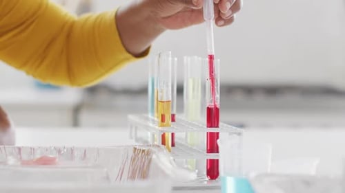 Mains d'une grand-mère afro-américaine faisant une expérience de chimie avec sa petite-fille, espace de copie