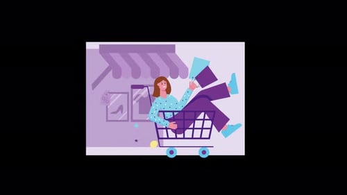 Flat Design Animation of Happy Woman Shopping with Cart