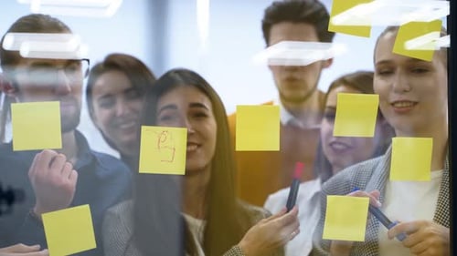 Business Team Brainstorm Writing Ideas on Paper Sticker Notes and Post It on Glass Wall Startup