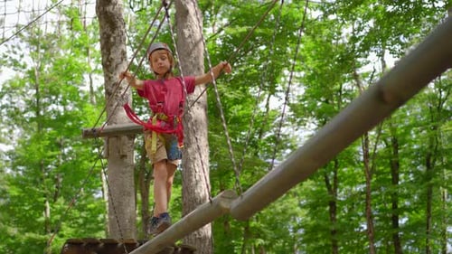 A Little Boy is Enjoying an Exciting Adventure on a Rope Obstacle Course in a Lush Forest