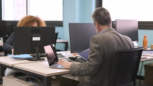Office Workers at Desks Using Computers in Workplace