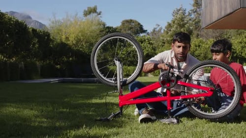 Father and Son Repairing Bicycle on the Lawn