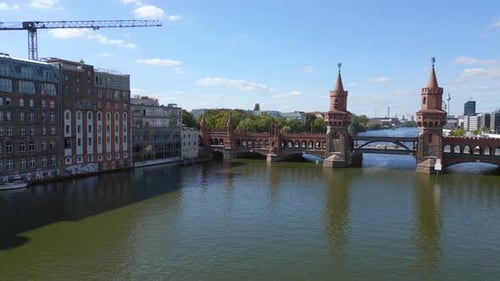 Summer day east west Berlin Border River Bridge Germany. Great aerial top view flight ascending dron