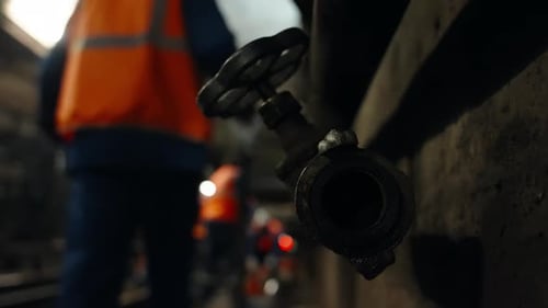Closeup of a Dripping Industrial Valve in a Dimly Lit Underground Tunnel with Maintenance Workers
