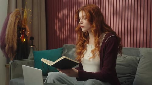 Caucasian Woman at Home Writing Notes Drink Coffee Working From Home Student Girl Online Studying