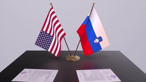 Slovenia and USA at the negotiating table, a diplomatic deal. Business and politics animation