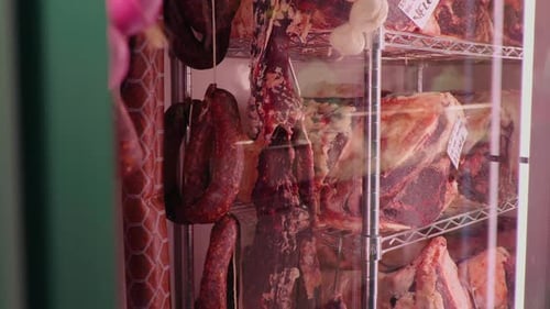 Raw Red Meat and Sausages in Display Case