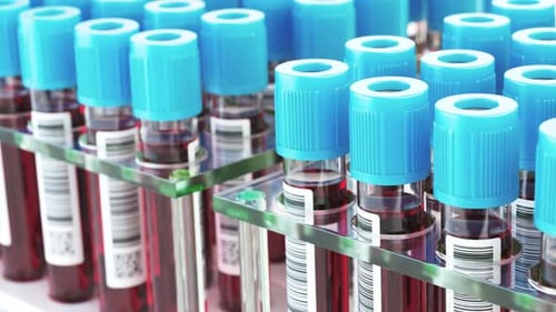 A Row of Test Tubes with Blood Samples in a Medical Laboratory 3d Animation