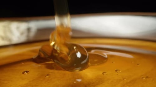 The camera moves back and a stream of honey pours into a plate of honey, slider extreme close-up.