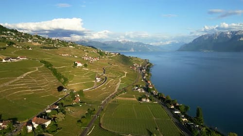 Pan drone shot of Lake Geneva and Lavaux terraced vineyards during the day in canton of Vaud