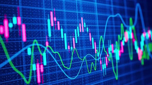 Seamless loop 3D financial chart with glowing candlesticks and indicators.