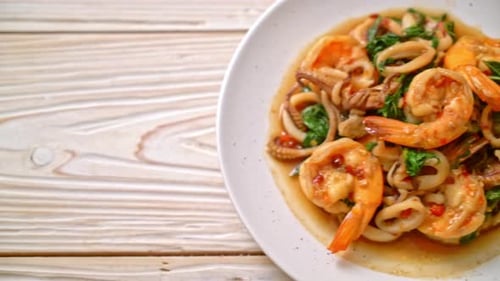 Delicious Shrimp and Squid Pad Kra Pao Dish