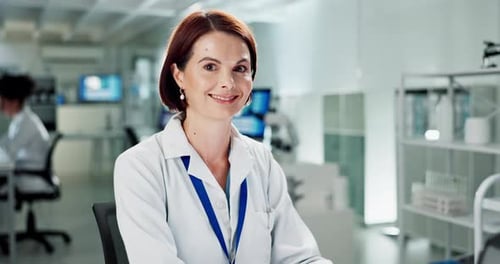 Science, laboratory and face of woman for medical research, study and biotechnology