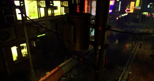 Urban Landscape with Neon Lights and Street Construction at Night