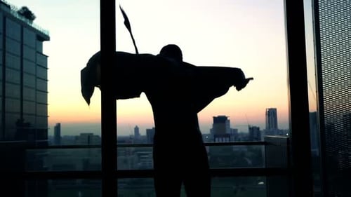 Silhouette Of Man Putting On Bathrobe And Admire View On Terrace, Super Slow Motion 120fps