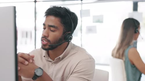 Businessman, call center and consulting on computer for customer service