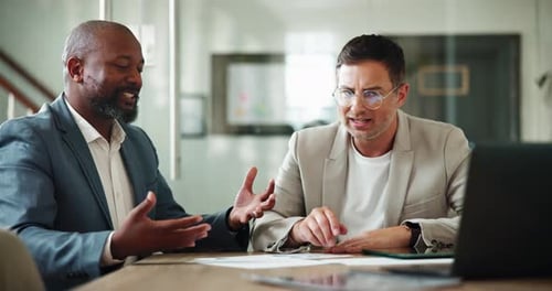 Business men, laptop and coaching with manager, smile and teaching trading at hedge fund