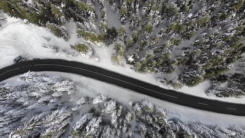 Curvy windy road in snow covered forest, top down aerial view