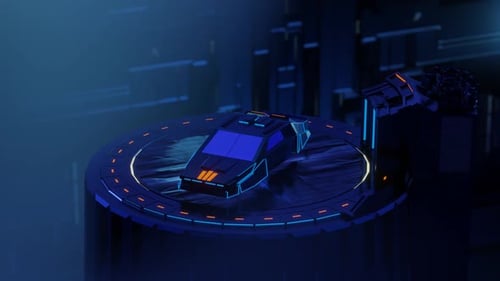 3D cyberpunk police car on a roof building at night.