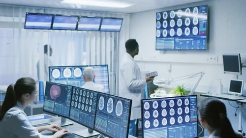 Team of Professional Scientists Work in the Brain Research Laboratory. Neurologists / Neuroscientis