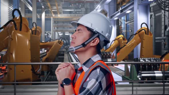 Close Up Side View Of Asian Male Engineer Pray For Something With ...