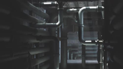 Complex Arrangement of Industrial Pipes in a Dimly Lit Environment