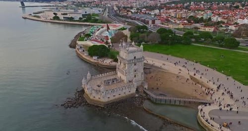 Aerial View of Belem Tower in Lisbon Medieval Building Touristic Landmark Lisbon Portugal