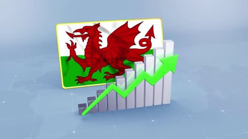 Wales Flag with Graph and Green Arrow Increasing Values