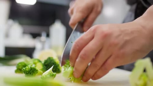 Professional Chef Chopping Broccoli Preparing Fresh Green Vegetables Quickly