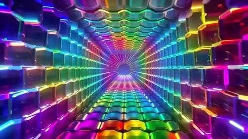 Bunter leuchtender Würfeltunnel in Regenbogenfarben, abstrakt, futuristisch, 3D
