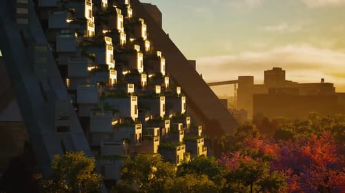 Arquitectura moderna con exuberante vegetación al atardecer cerca de un horizonte urbano