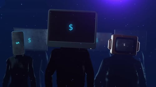 Futuristic Figures with Tech Heads Displaying Dollar Signs