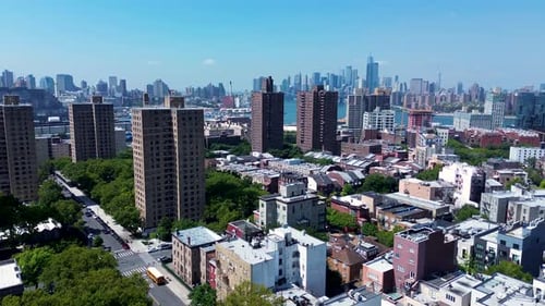 Drone aerial landscape towers buildings apartment blocks units residential housing city CBD skyline