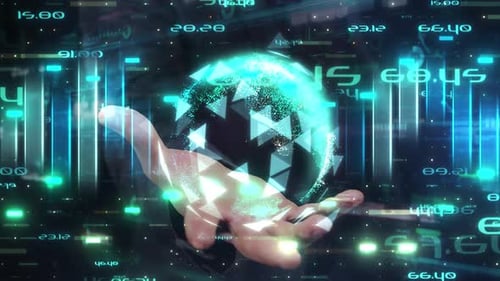 Geschäftsmann hält glühenden Globus mit futuristischem Datenanalysedisplay