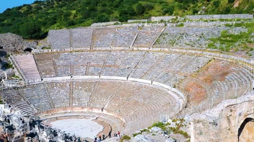Stunning long aerial shot of the open air theater of the ancient city of Ephesus in Turkey