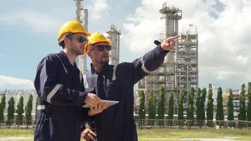 Inspection de sécurité du réseau de canalisations industrielles par un travailleur en équipement de sécurité brillant par temps ensoleillé