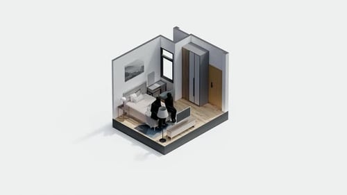 Isometrisches Schlafzimmer mit zwei arbeitenden Personen