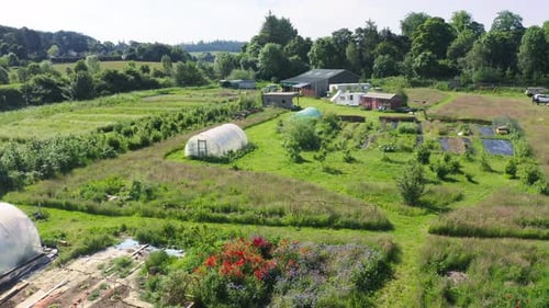 Aerial view of a small farmland plantation with greenhouses and crops