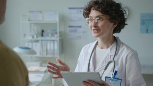 Female Doctor Using Tablet and Giving Consultation to Patient in Clinic