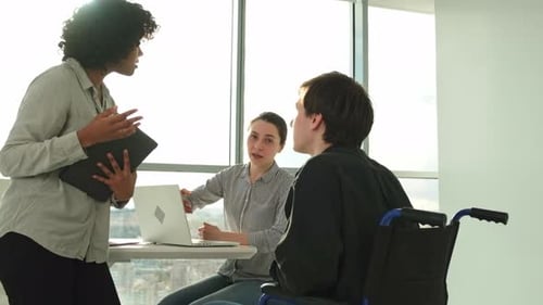 Teamwork Brainstorm Diverse Multiracial Colleagues Man in Chair for People with Disability Working