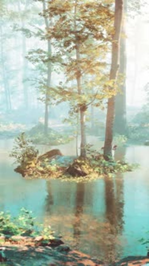 Early Morning at Forest Hiding in the Fog